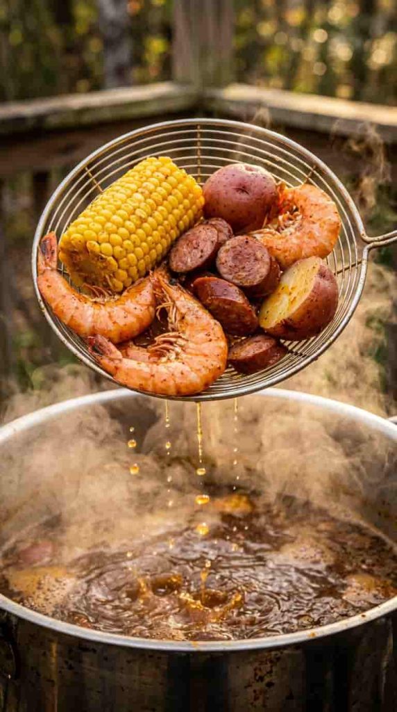 Cooked shrimp, corn, smoked sausage, and red potatoes being strained from a steaming low country boil stockpot.
