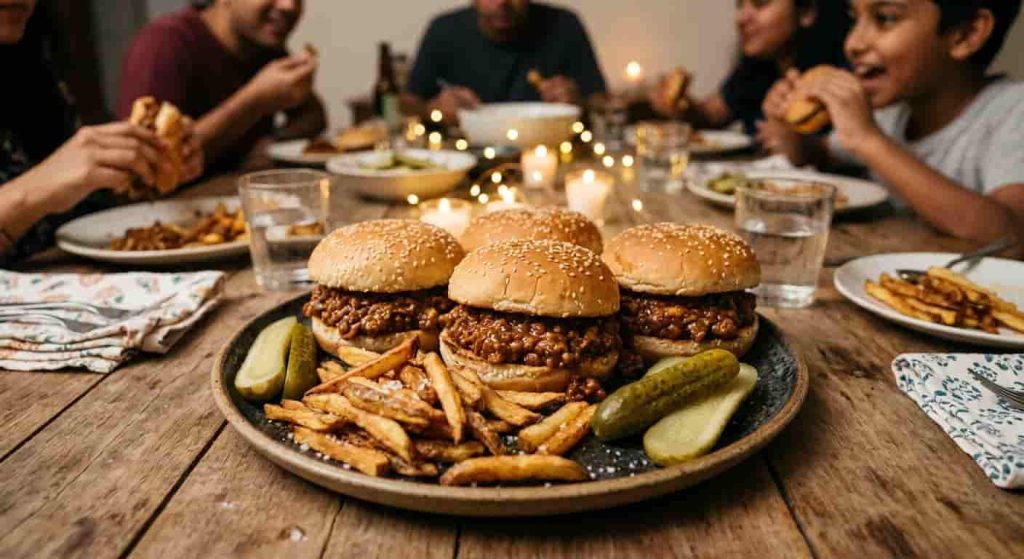 Three-ingredient sloppy joe sandwiches on toasted buns with fries and dill pickles