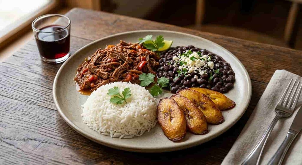 Traditional Pabellón Criollo with shredded beef, black beans, white rice, and sweet fried plantain tajadas.