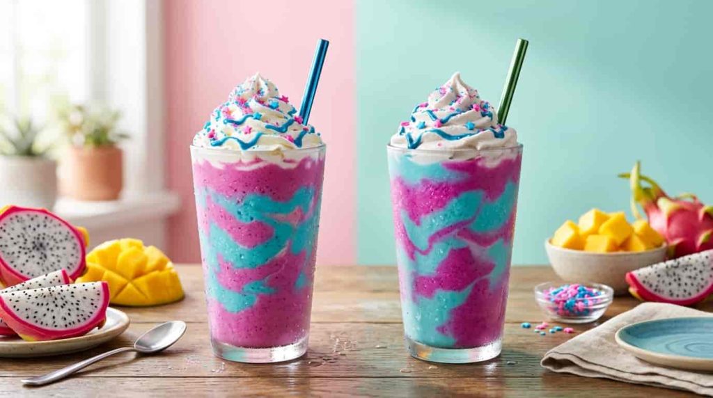 Classic and dairy-free unicorn frappes with coconut milk