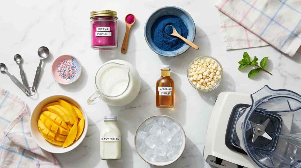 Ingredients for a homemade unicorn frappe with pitaya and blue spirulina