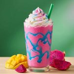 Unicorn frappe with pink and blue swirls and whipped cream