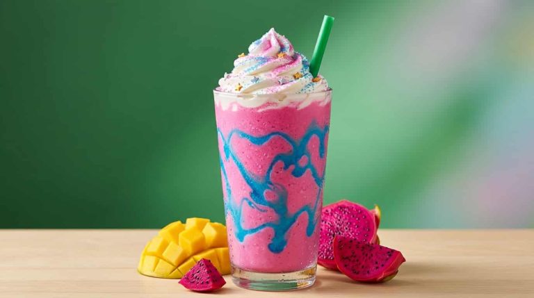 Unicorn frappe with pink and blue swirls and whipped cream