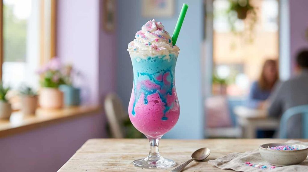 Unicorn frappe with pink and blue swirls and whipped cream