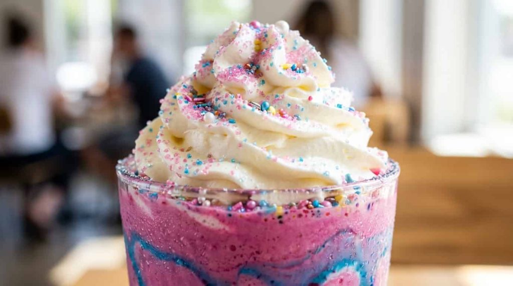 Whipped cream topped unicorn frappe with pink and blue sprinkles