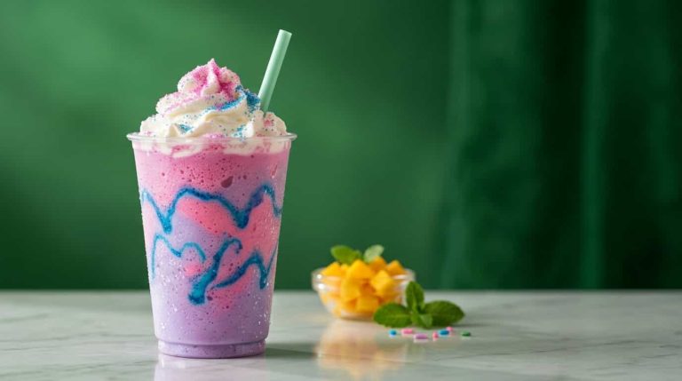 Unicorn Frappuccino with pink and purple swirls, blue drizzle, and whipped cream