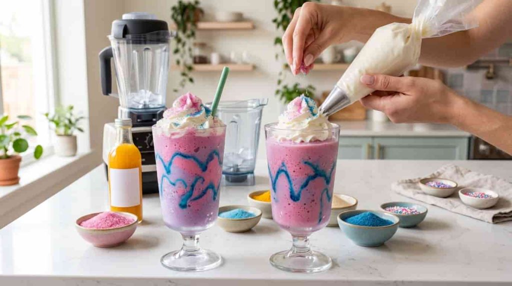 Homemade layered pink and purple Unicorn Frappuccino copycat drinks