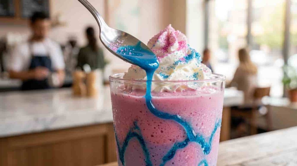 Homemade layered pink and purple Unicorn Frappuccino copycat drinks