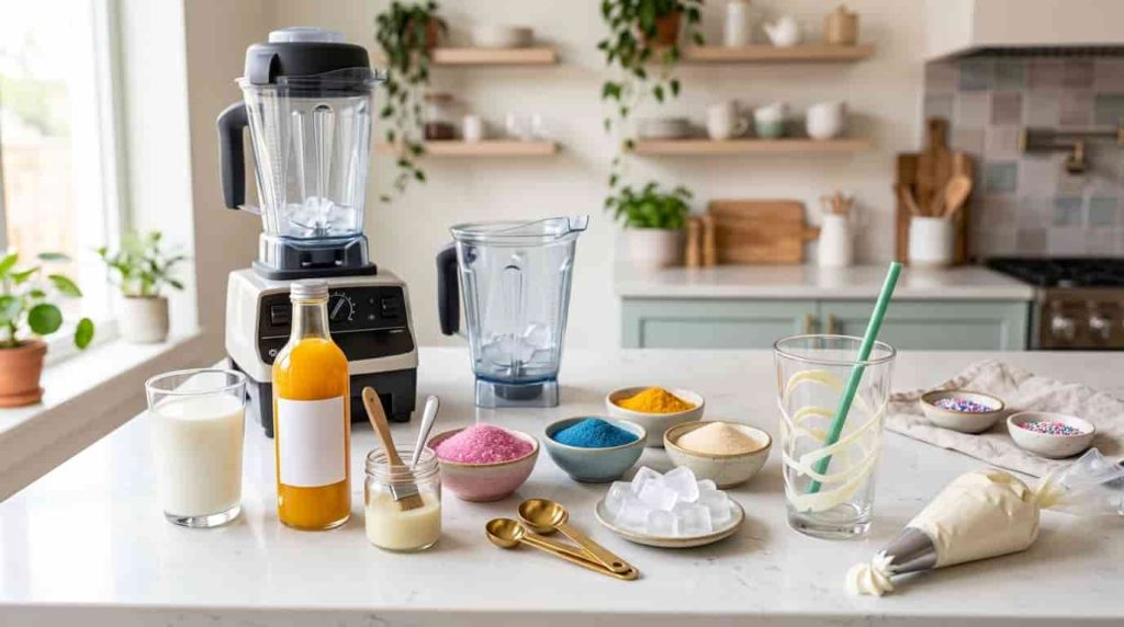Pink and blue sugar falling onto whipped cream on a colorful Frappuccino