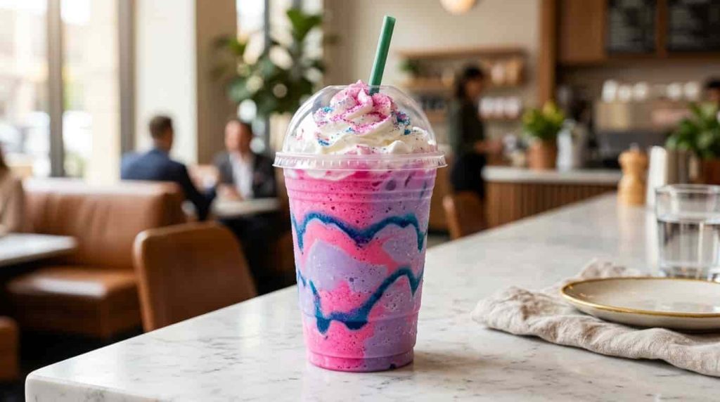 Colorful Unicorn Frappuccino with pink and purple swirls and blue drizzle