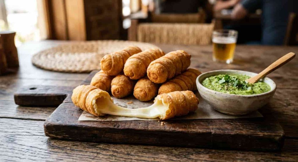 Crispy Venezuelan tequeños cheese sticks with melted white cheese and fresh guasacaca avocado sauce.