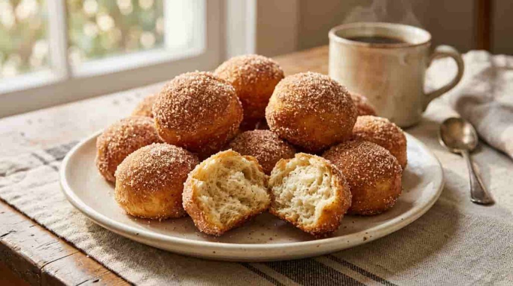 Warm cinnamon-sugar breakfast puffs with a soft fluffy vanilla center