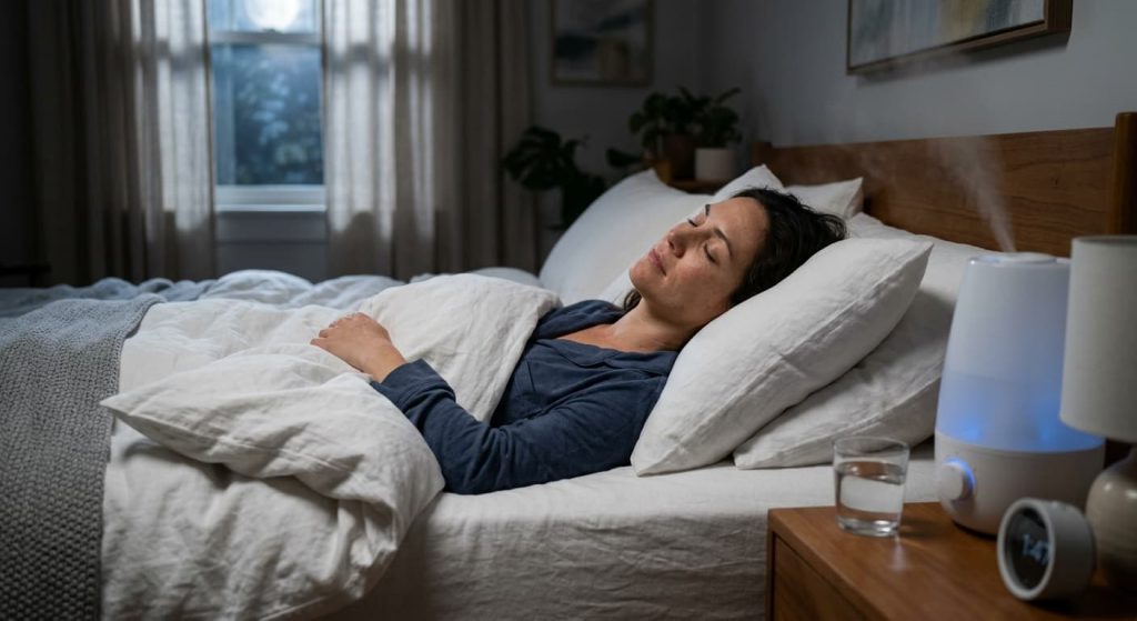Natural nighttime cough remedies including honey, warm tea, and humidifier