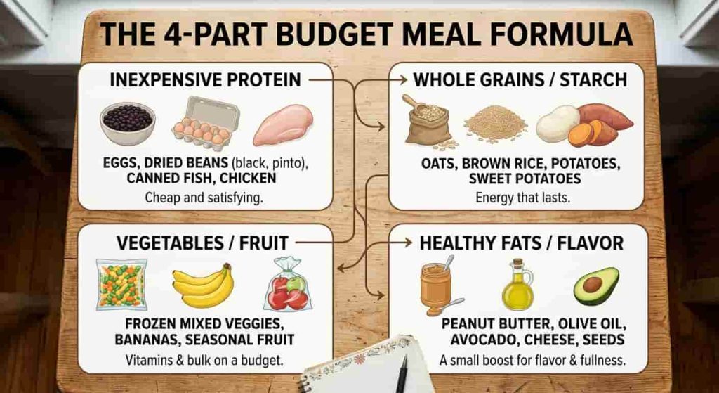Budget healthy meal formula with protein grains vegetables and fruit