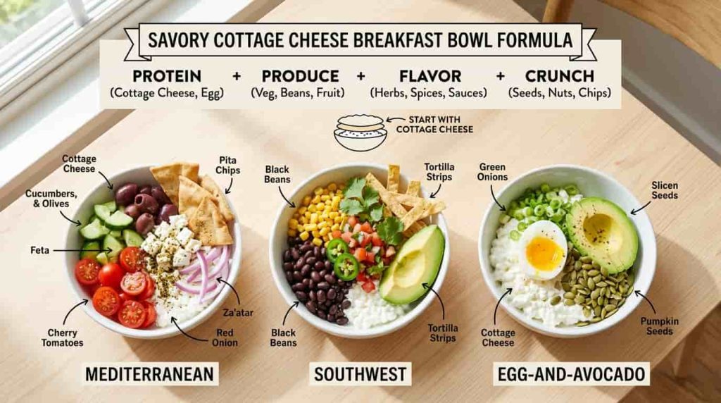 Three savory cottage cheese breakfast bowl ideas with Mediterranean Southwest and egg avocado toppings