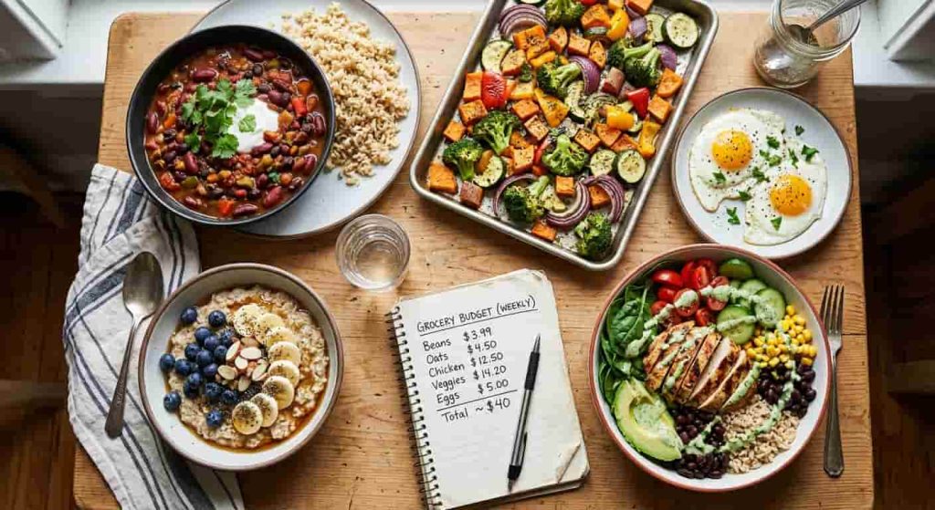 Healthy budget-friendly recipes with beans rice vegetables eggs and chicken