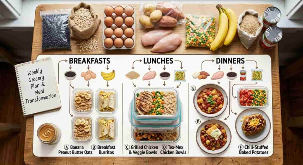 Weekly healthy budget meal plan using affordable staple ingredients