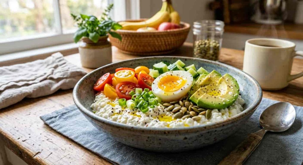 Savory cottage cheese breakfast bowl with vegetables, avocado, egg, and seeds