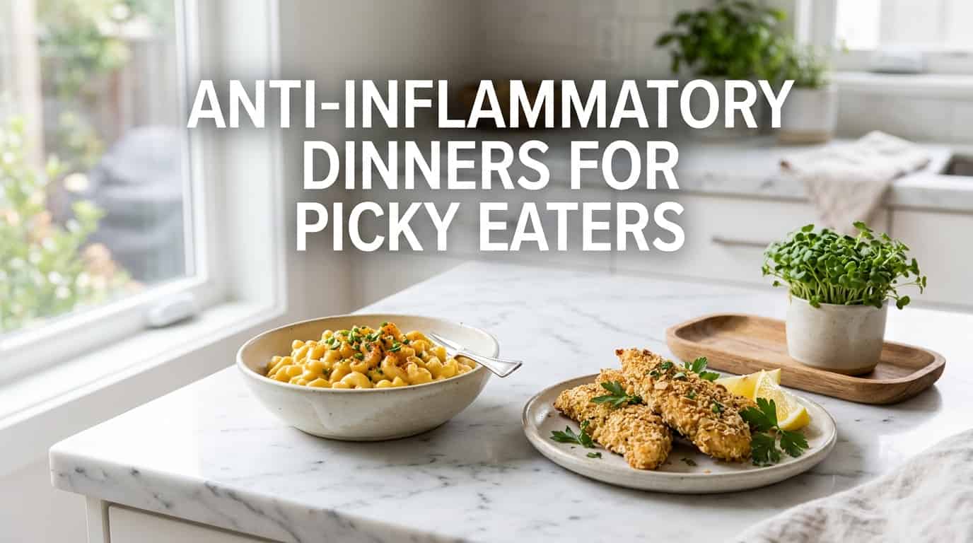 Anti inflammatory dinner ideas for picky eaters featuring golden hidden veggie mac and cheese, crispy almond chicken tenders, and fresh indoor broccoli microgreens.