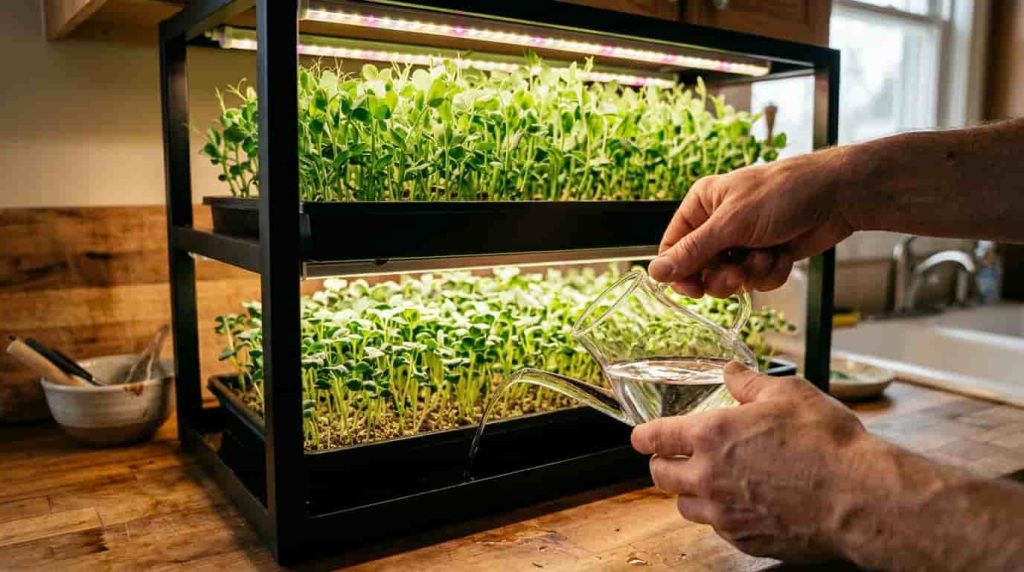 Bottom-watering indoor broccoli microgreens on a kitchen counter to grow mild greens for anti inflammatory dinner ideas for picky eaters.