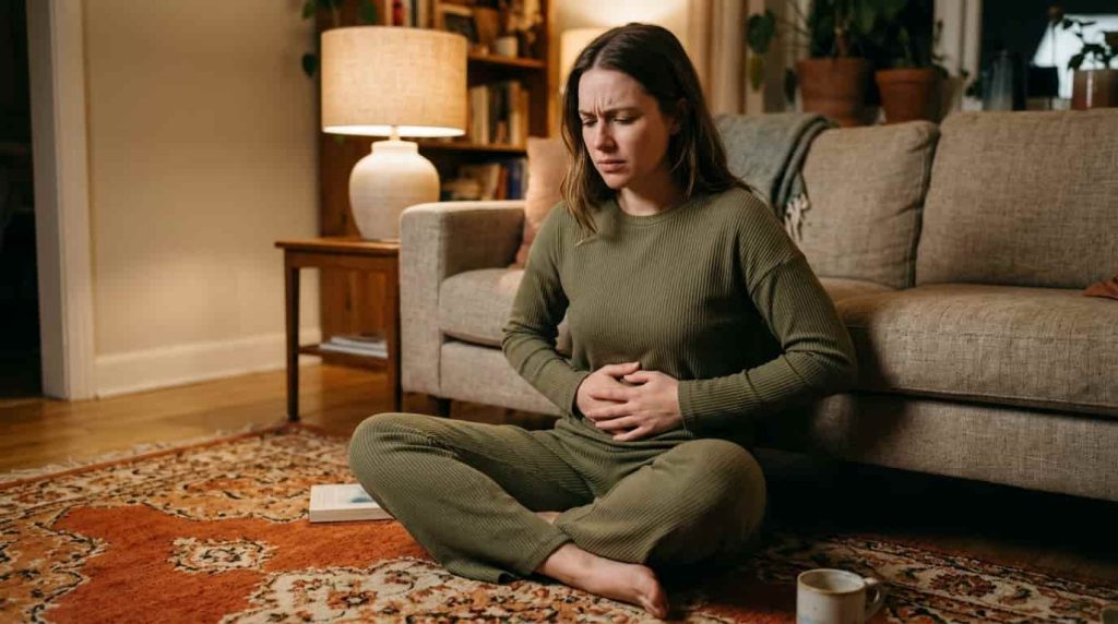 Frustrated woman holding her swollen, painful stomach before practicing yoga poses for bloating relief.