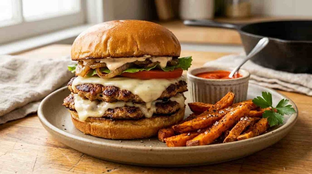 Seared turkey and hidden microgreen smash burger with sweet potato fries representing easy anti inflammatory dinner ideas for picky eaters.