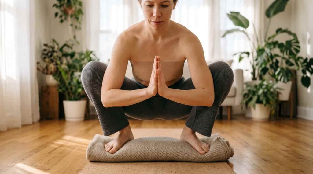 Person practicing Garland Pose (Malasana Yogi Squat) with heels supported on a blanket for digestive relief and trapped gas.