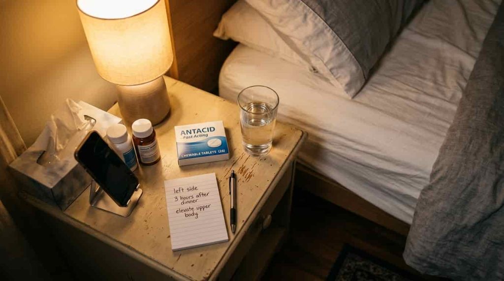 Nighttime heartburn relief tips including antacid, water, and sleep positioning